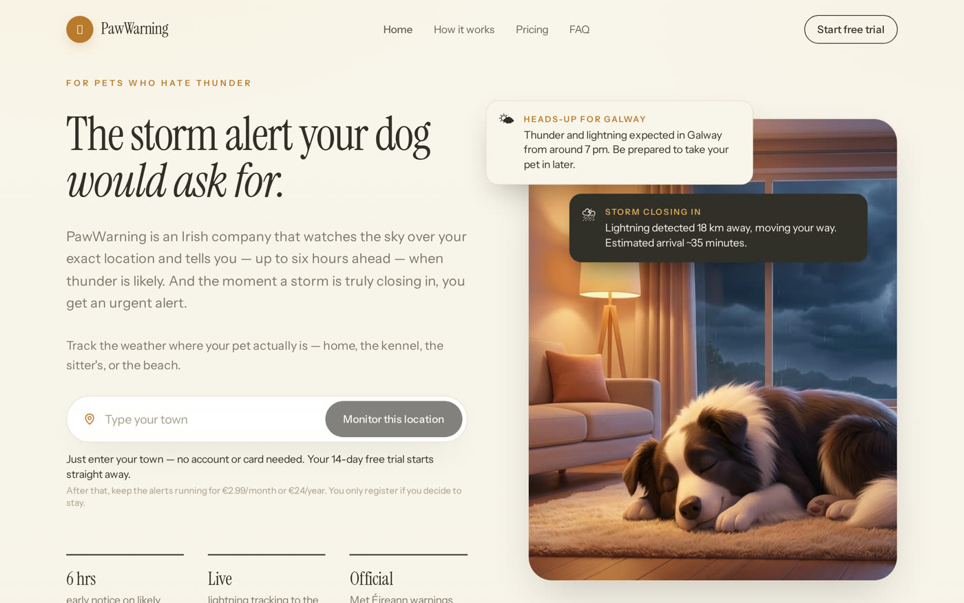 PawWarning homepage — thunder and lightning alerts for dog owners